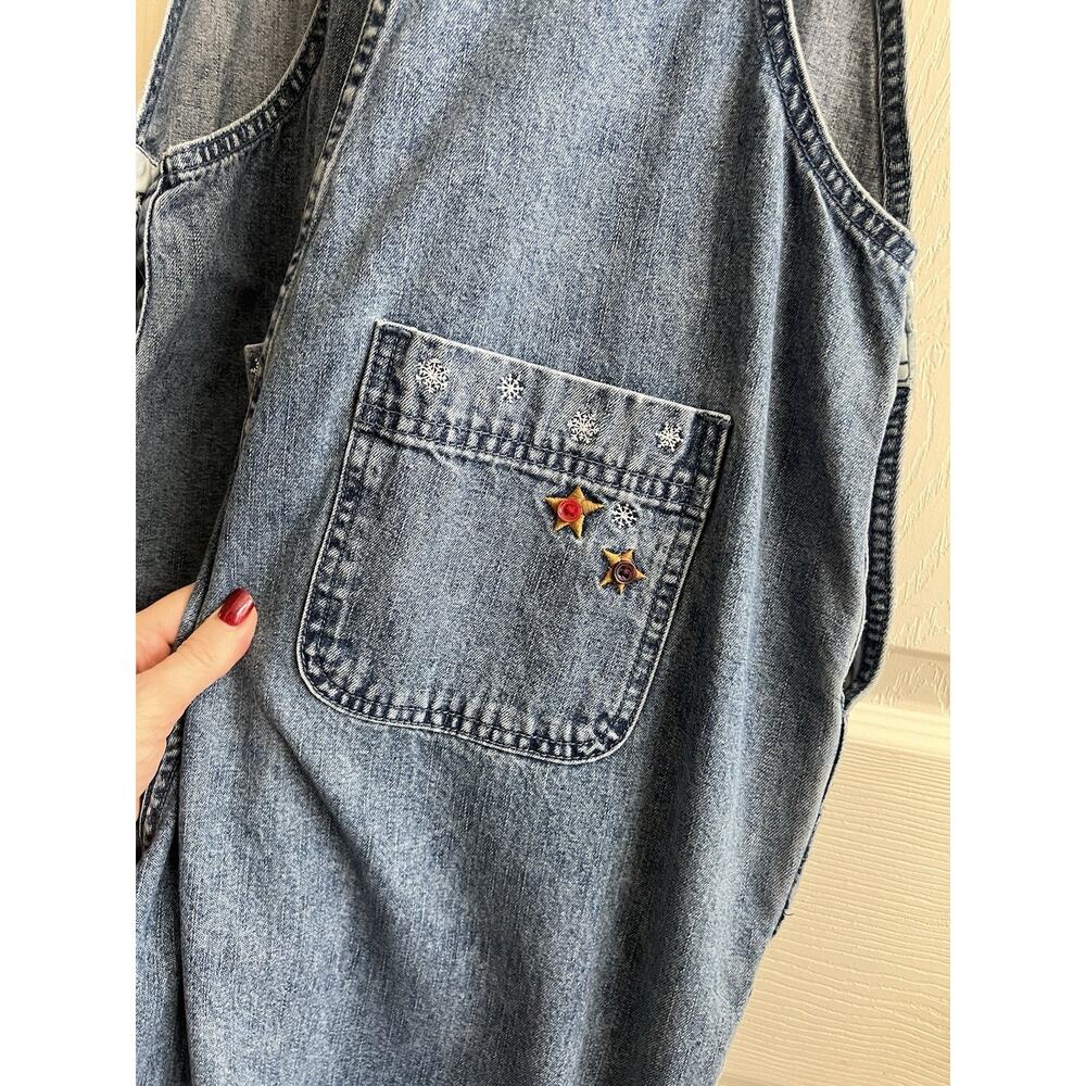 CHRISTOPHER & BANKS Vintage Christmas Appliqué Wide Leg Denim Jean Overalls Sz L - Picture 9 of 16